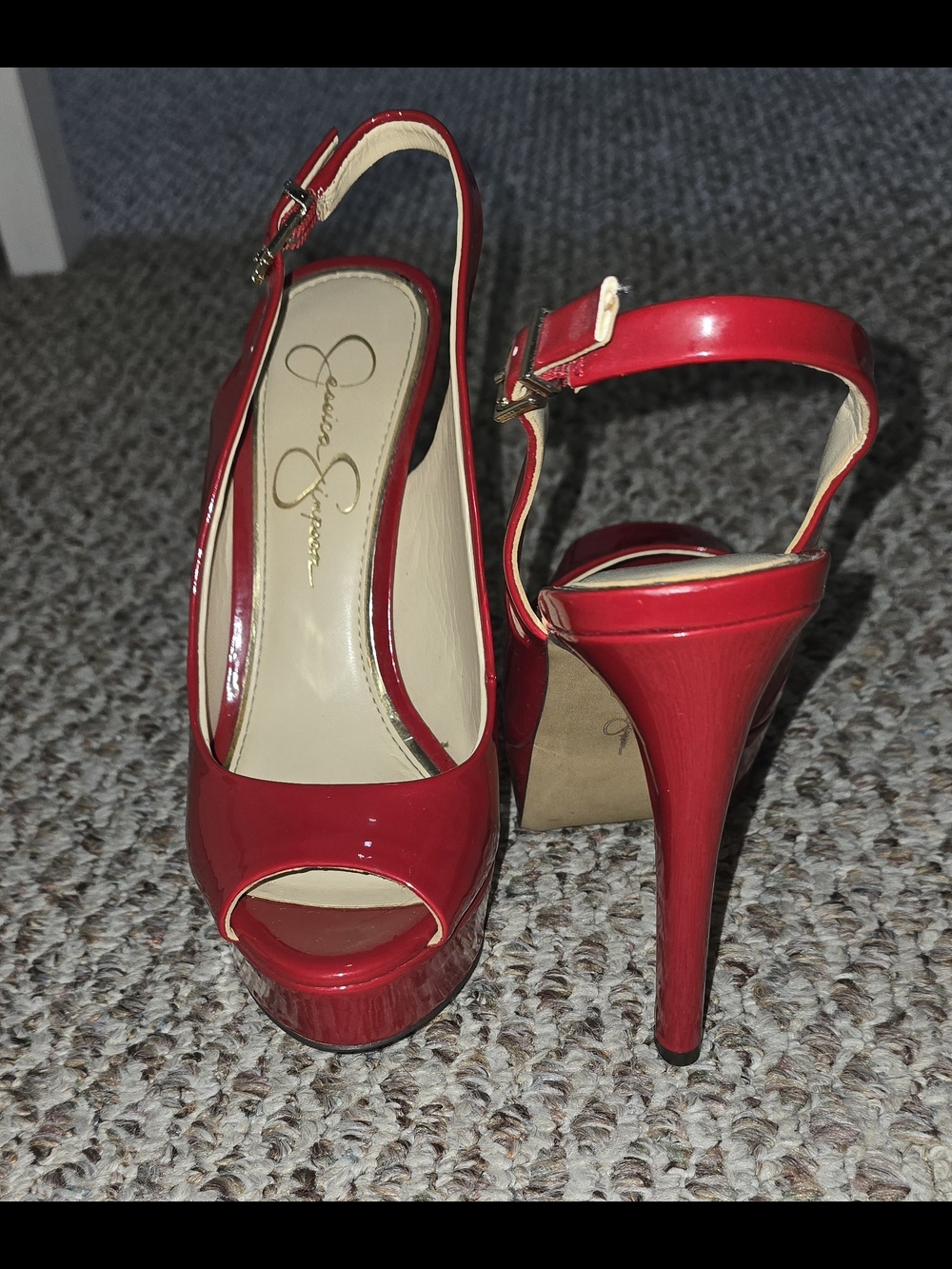 Jessica Simpson Bisano Red Patent Peep-Toe Slingback Heels - Picture 1 of 3